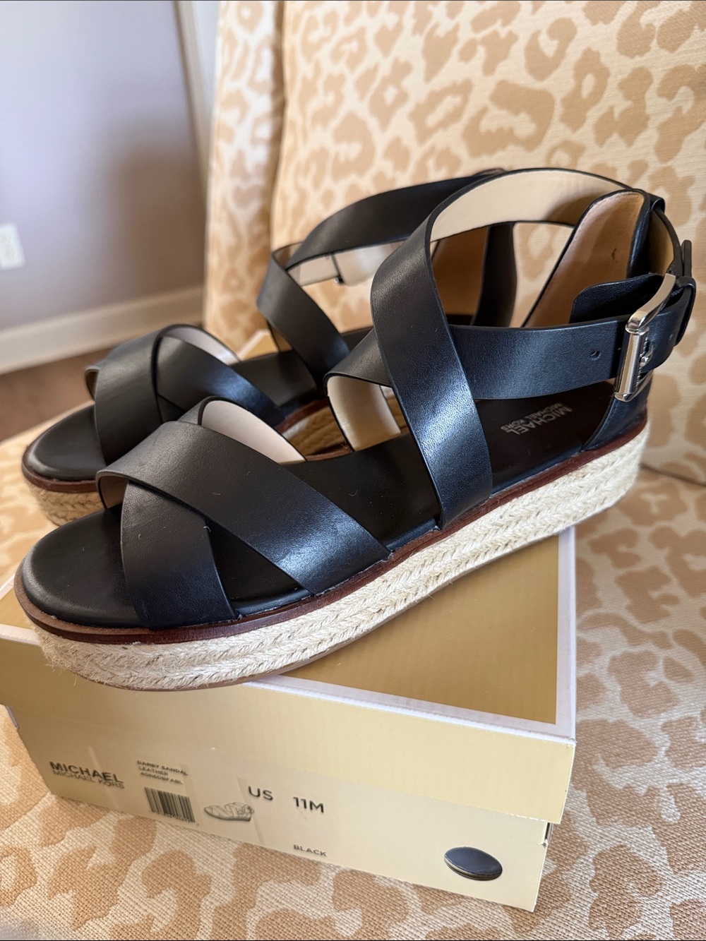 Michael Kors Black Leather Espadrille Platform Sandal